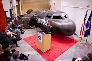 NASA Deputy Administrator Lori Garver talks during a press conference with Sierra Nevada's Dream Chaser spacecraft in the background on Saturday, Feb. 5, 2011, at the University of Colorado at Boulder.  Sierra Nevada's Dream Chaser spacecraft is under development with support from NASA's Commercial Crew Development Program to provide crew transportation to and from low Earth orbit. Photo Credit: (NASA/Bill Ingalls)